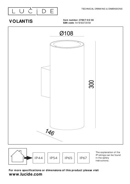 Lucide VOLANTIS - Wandstrahler / Wandleuchte Innen/Außen - 2xE27 - IP54 - Schwarz - TECHNISCH